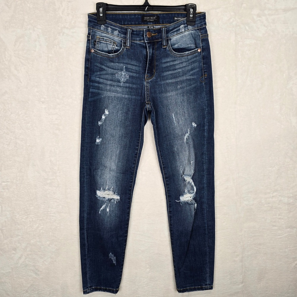 Judy Blue Relaxed Fit Distressed Skinny Jeans Size 7/28 JB8271DK Dark Wash